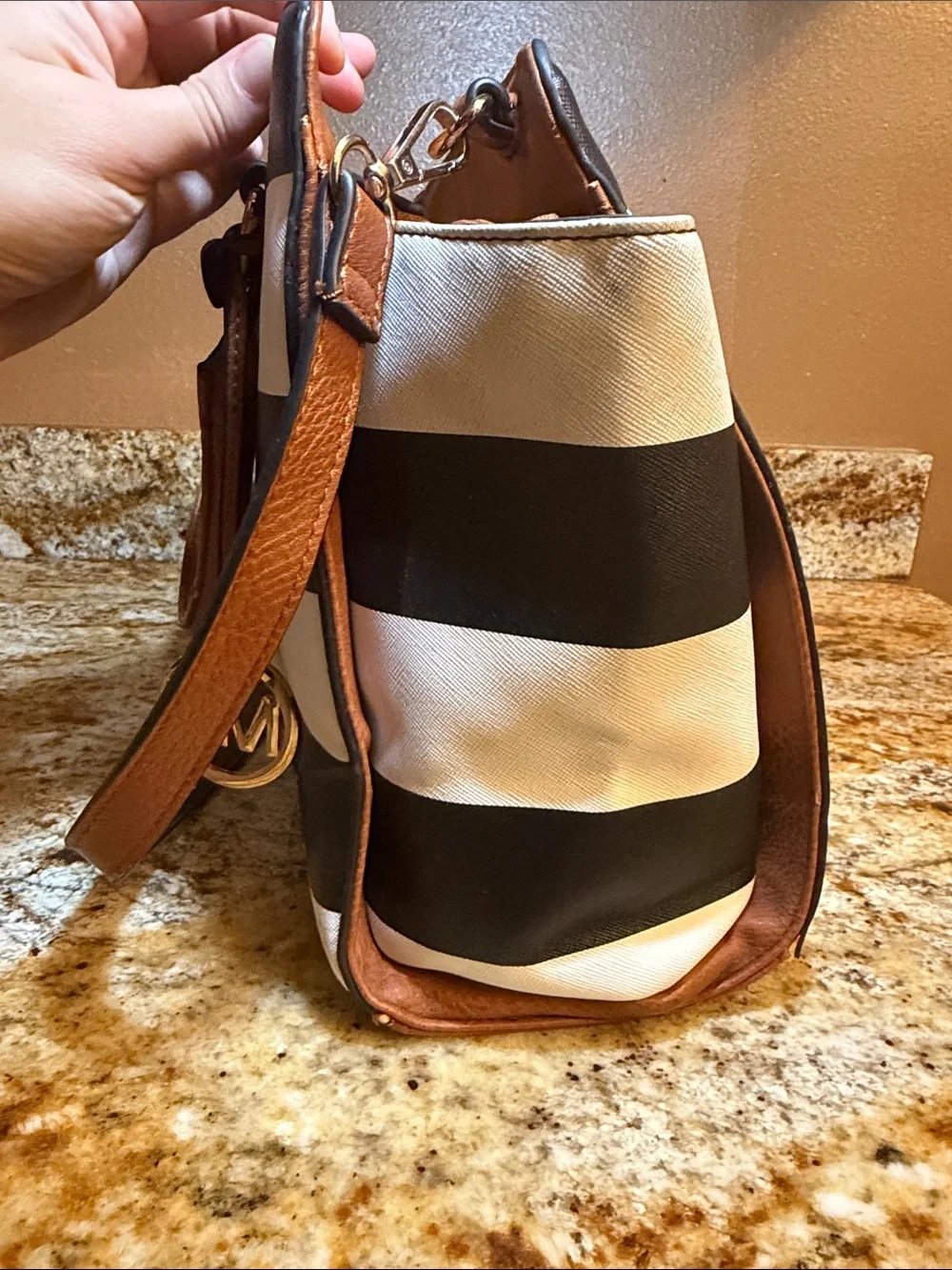 Michael Kors Black & White Striped Satchel with Brown Trim